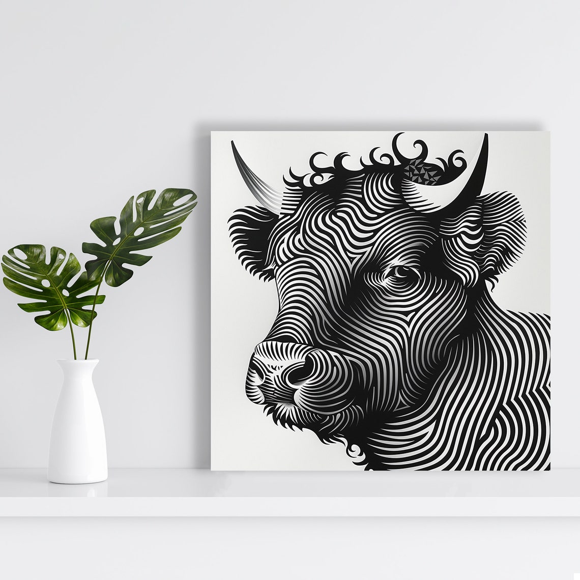 Swirling Line Art Bull Head Monochrome Black White Minimalist Poster - Image 2