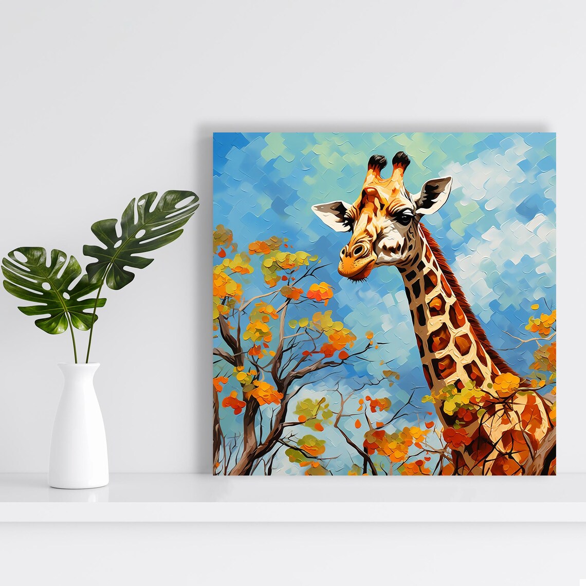 Giraffe Portrait Among Autumn Trees Painterly Oil Style Poster - Image 2