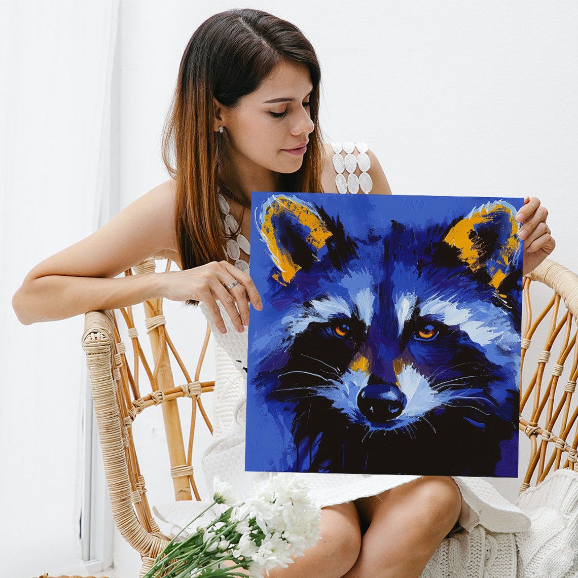 Electric Blue Raccoon Amber Eyes Intense Gaze Modern Pop Wall Art - Image 3