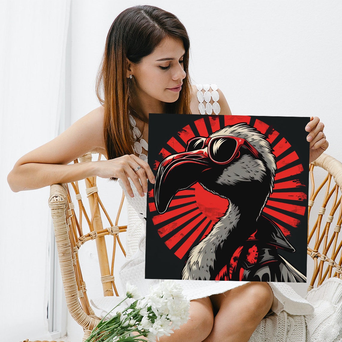 Cool Ostrich In Red Sunglasses Pop Art Red Sunburst Wall Poster - Image 3