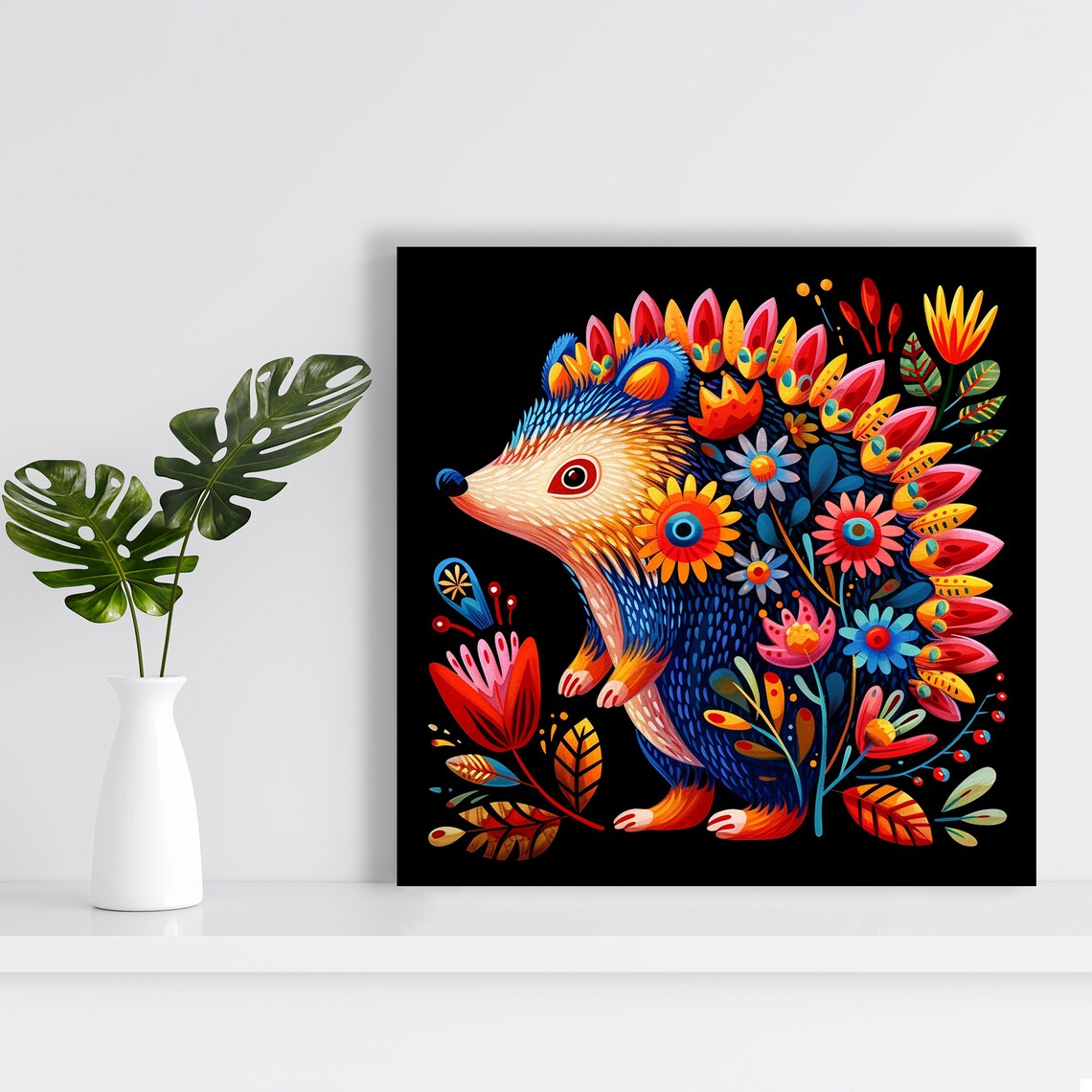 Colorful Folk Art Hedgehog With Blooming Flowers on Black Poster - Image 2