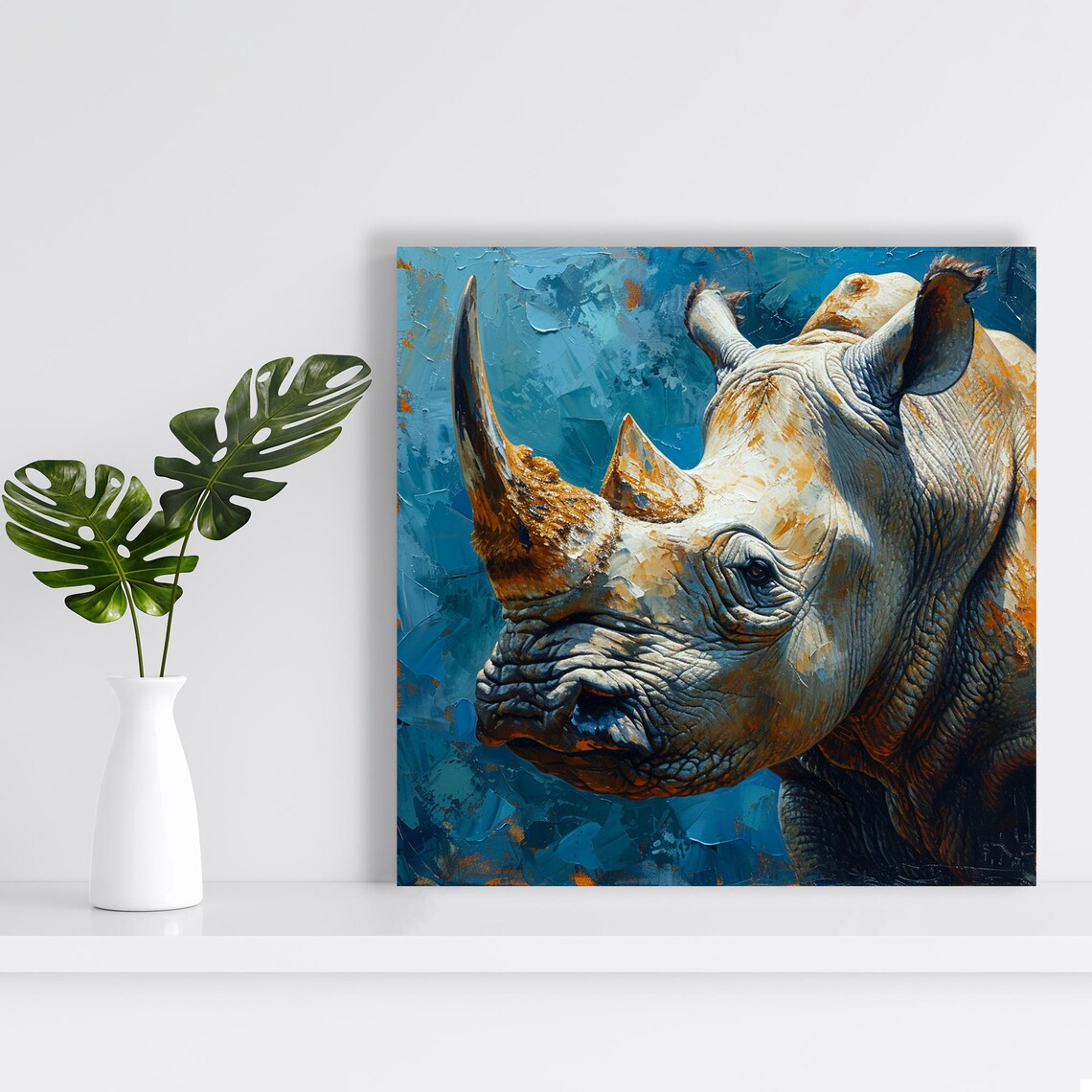 White Rhino Portrait Impasto Oil Painting Blue Background Poster - Image 2