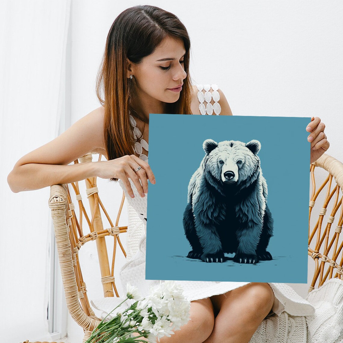 Majestic Grizzly Bear Monochrome Blue Portrait Modern Wildlife Poster - Image 3