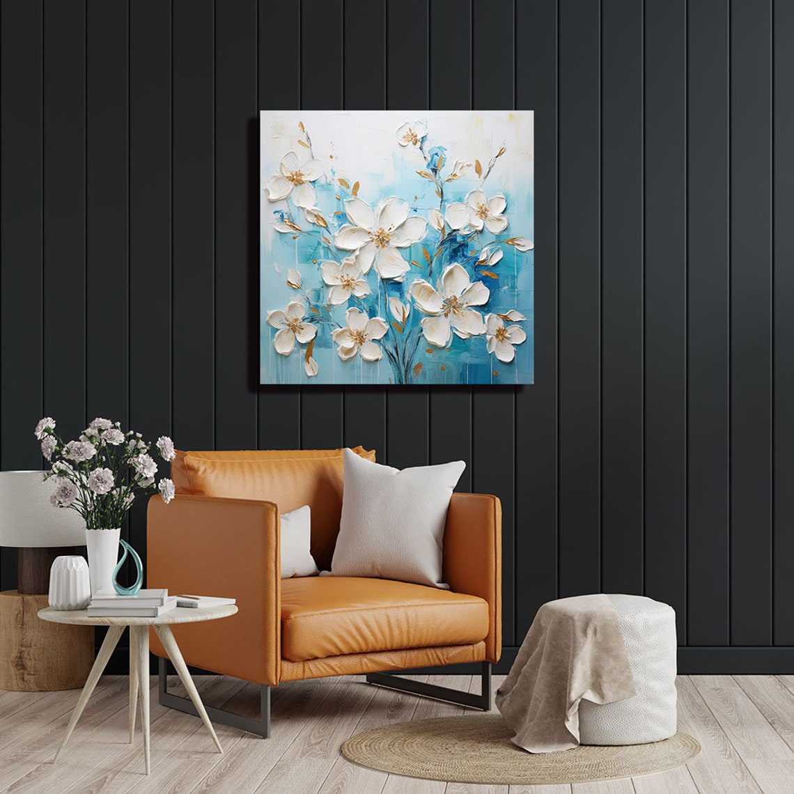 White Blossom Flowers Aqua Background Textured Impasto Floral Poster - Image 4