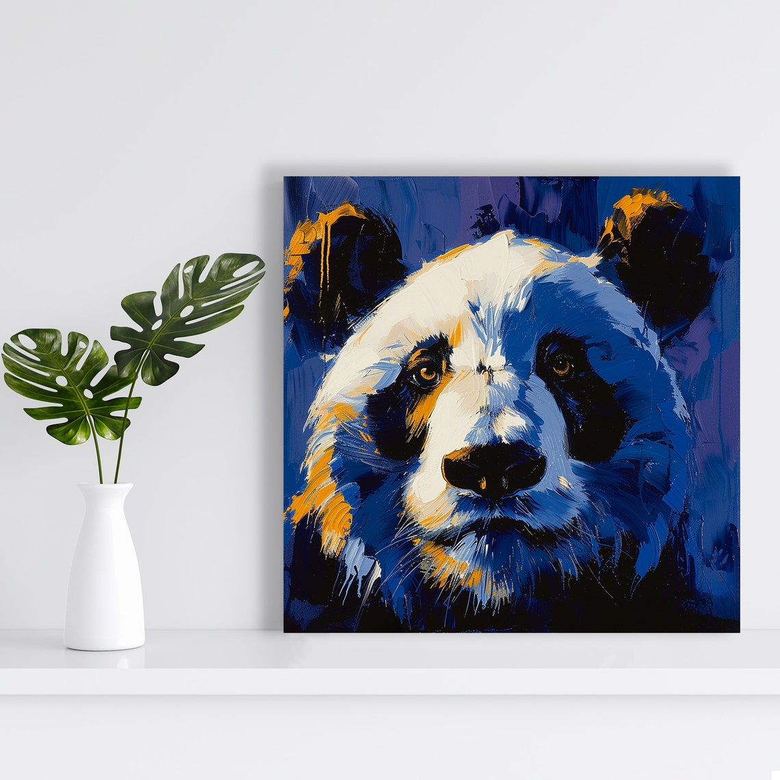 Panda Face Close Up Bold Blue Orange Impasto Paint Art Poster - Image 2