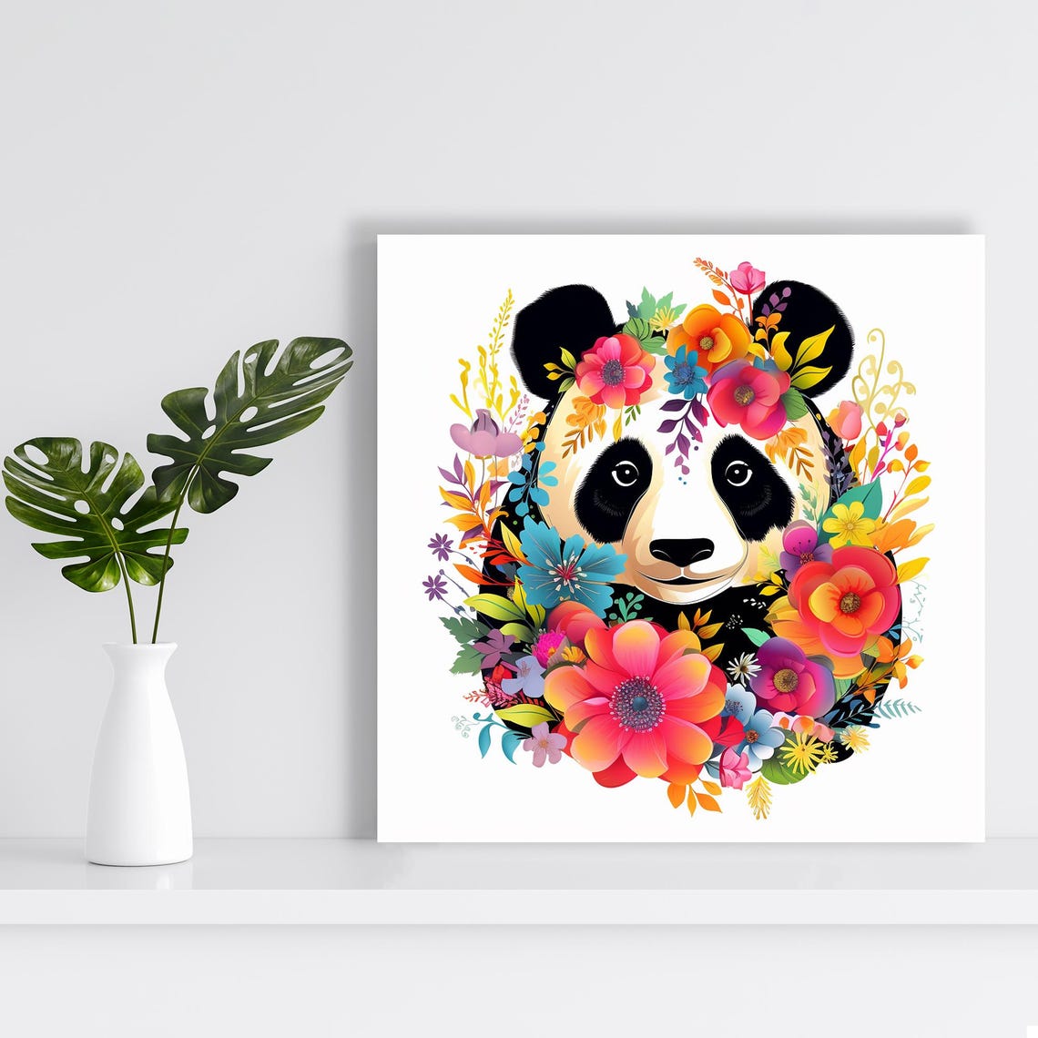 Panda Face With Colorful Floral Wreath Vibrant Botanical Wall Poster - Image 2