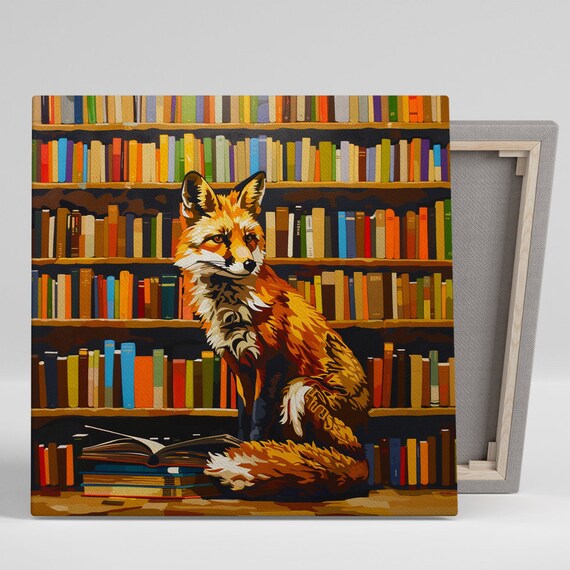 Red Fox Reading in Library Colorful Bookshelves Bookish Wall Art