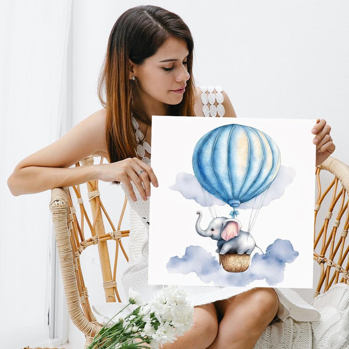 Baby Elephant Hot Air Balloon Blue Watercolor Clouds Nursery Wall Poster - Image 3
