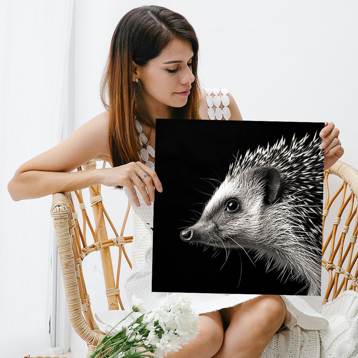 Hedgehog Profile Black and White Dramatic Macro Photo Art Poster - Image 3