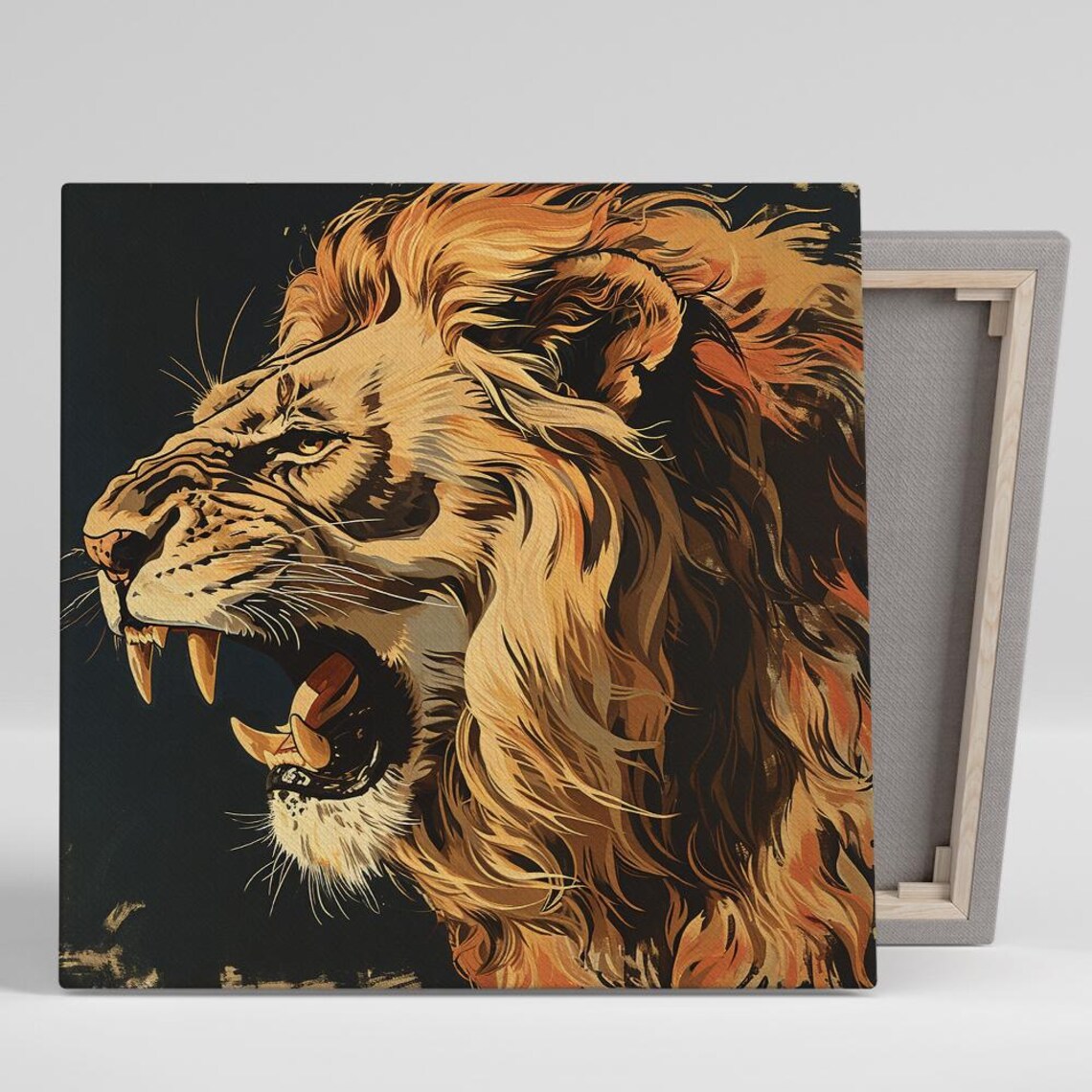 Golden Lion Roar Oil Painting Portrait Dramatic Fierce Big Cat Poster