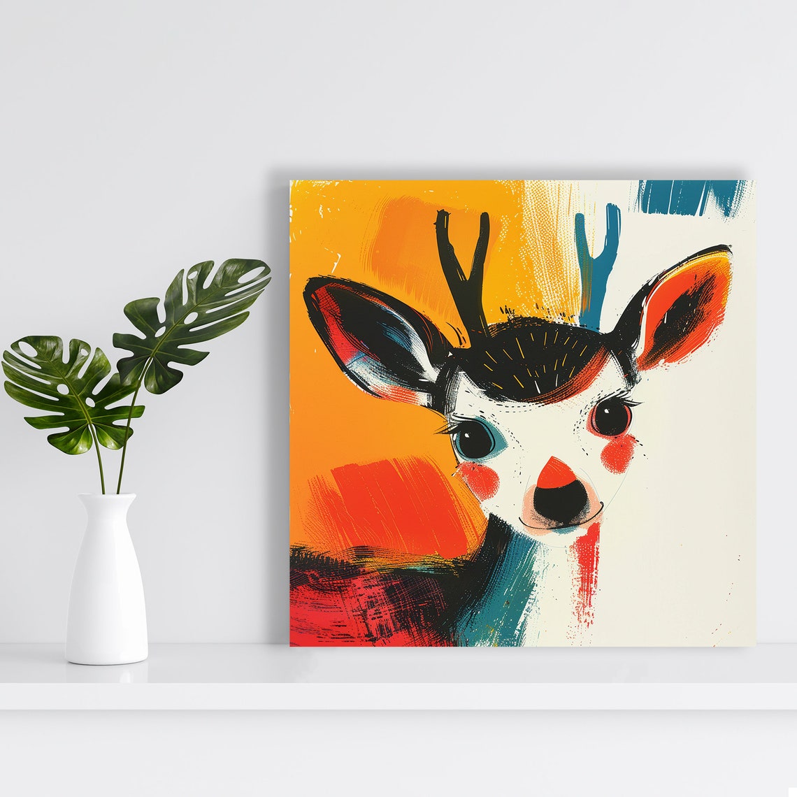 Cute Deer Small Antlers Bright Orange Teal Whimsical Art Poster - Image 2