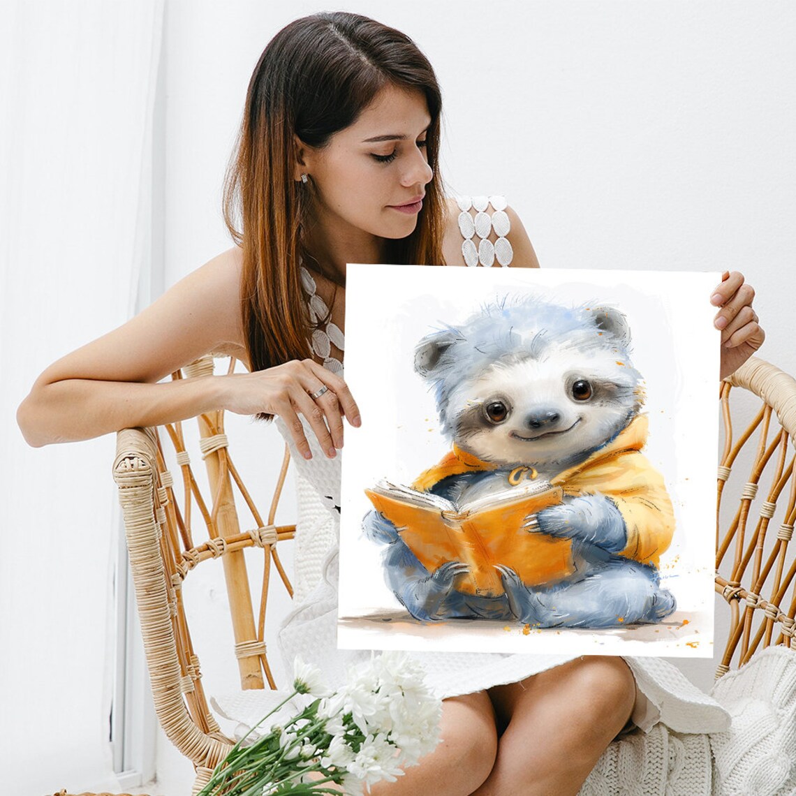 Baby Sloth Reading Book Watercolor Cute Nursery Kids Room Animal Poster - Image 3