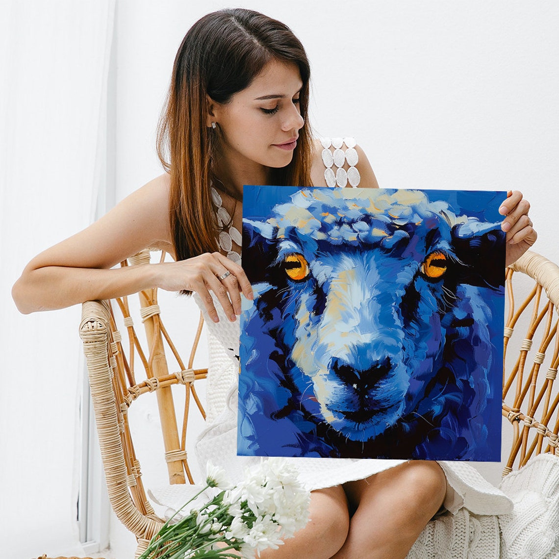 Electric Blue Sheep Close Up Golden Eyes Bold Impasto Paint Poster - Image 3