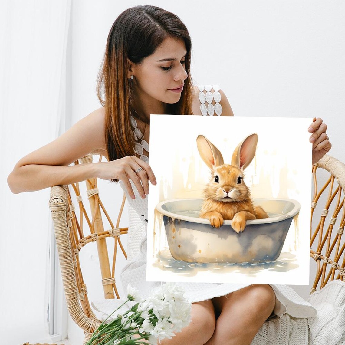 Bunny In Bathtub Watercolor Adorable Rabbit Bath Time Whimsical Nursery Wall Art Print - Image 3