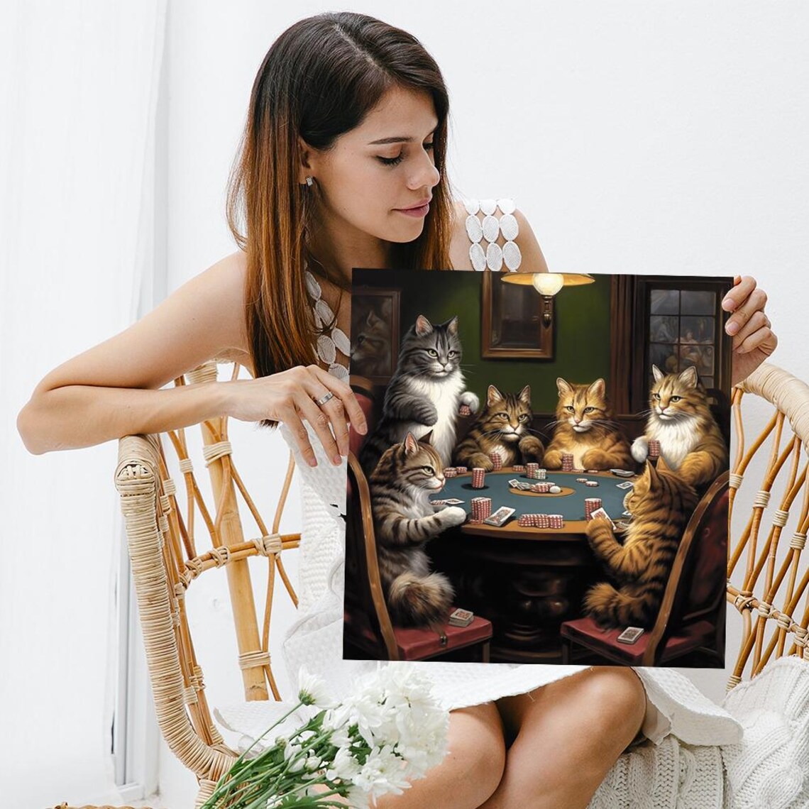 Cat Poker Night, Vintage Rustic Game Room Art Print - Image 3