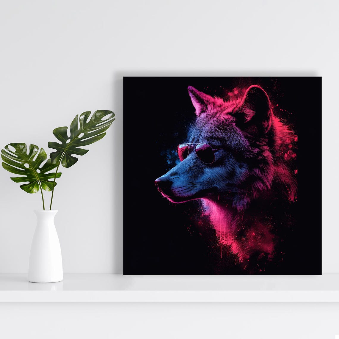 Neon Wolf Sunglasses Cool Pink Blue Black Pop Modern Wall Poster - Image 2