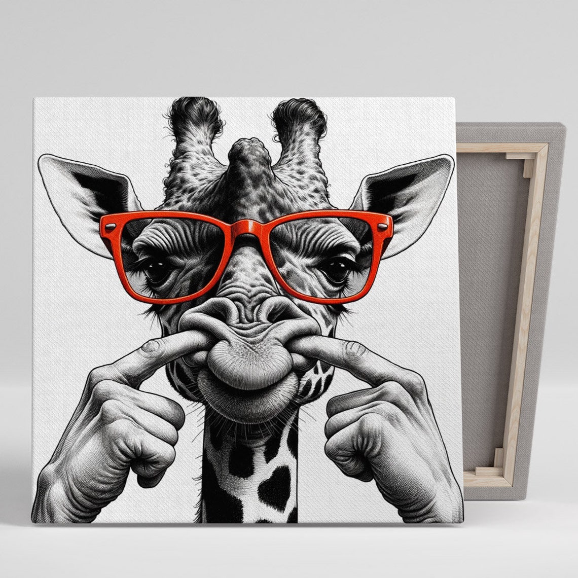 Funny Giraffe Red Glasses Silly Face Black White Animal Poster