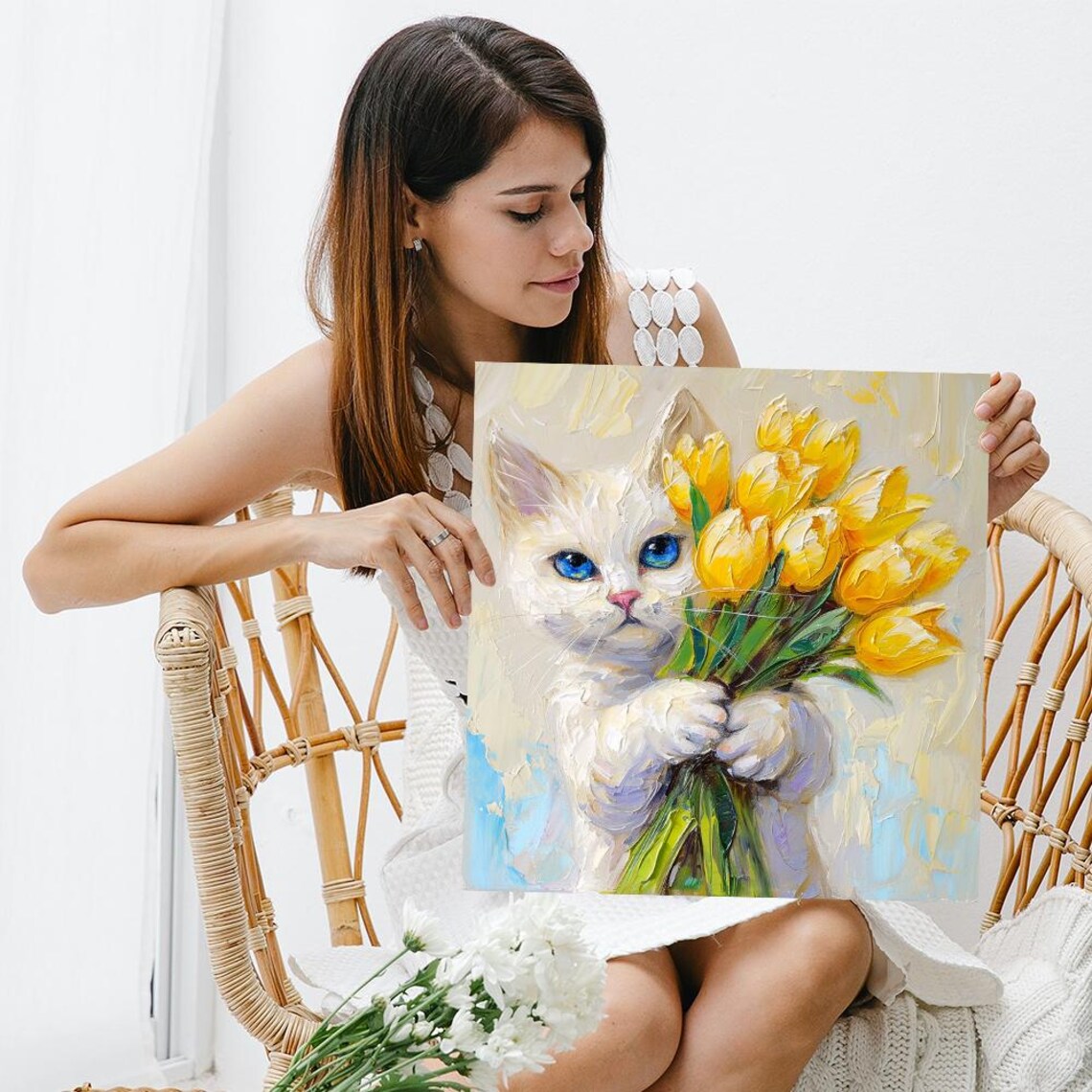 Kitten Embrace, Whimsical Tulip Animal Art Print - Image 3