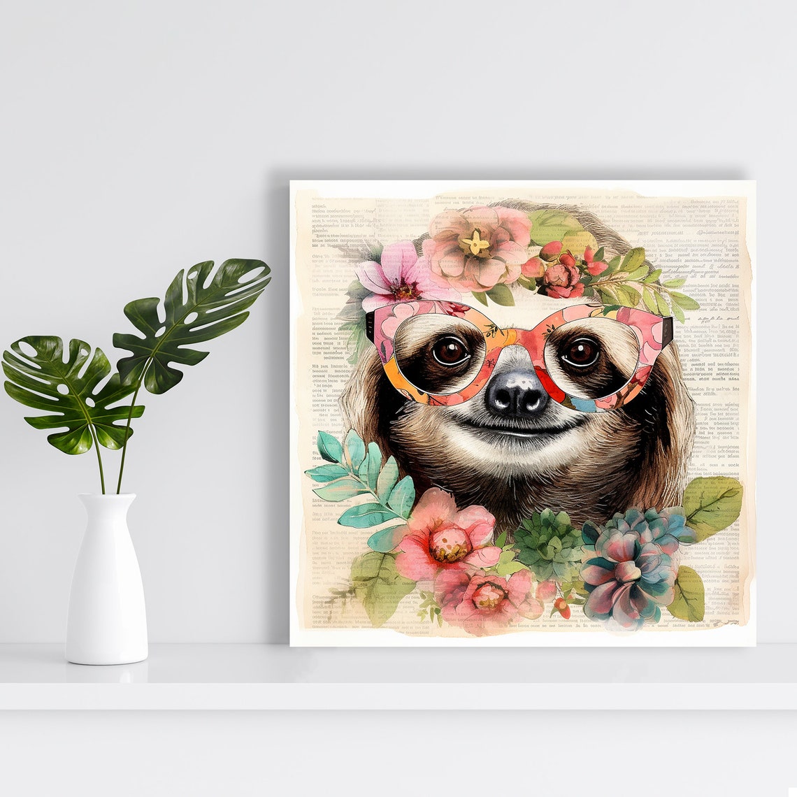 Smiling Sloth Floral Glasses Flower Crown Whimsical Nursery Poster - Image 2