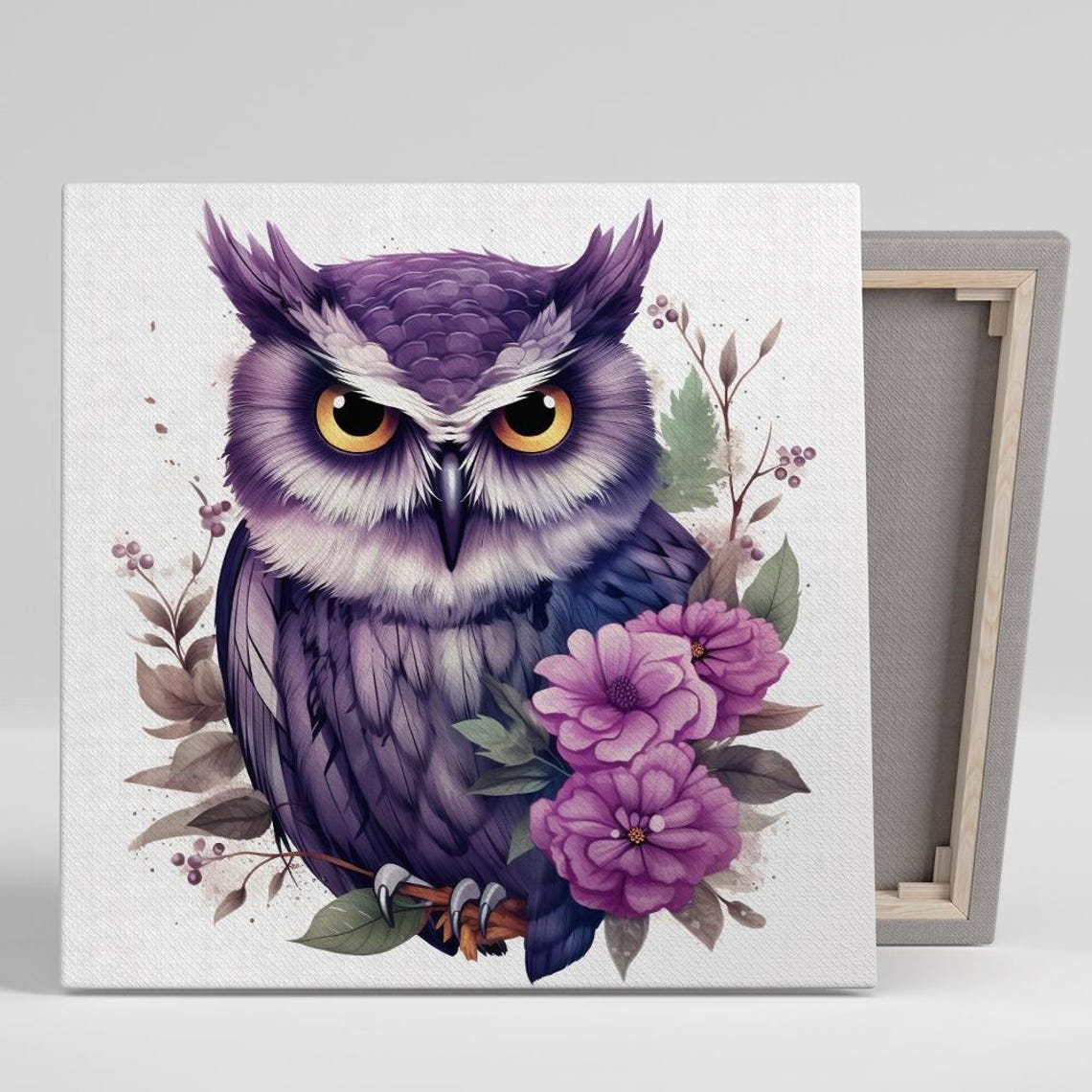 Purple Owl With Pink Blossoms Floral Botanical Elegant Wall Poster
