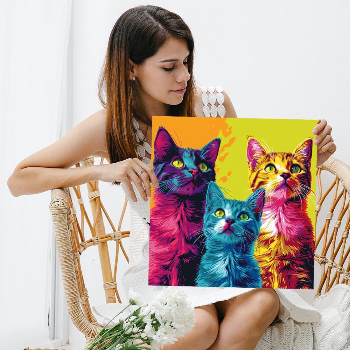 Vibrant Cat Trio Pop Art Neon Pink Teal Yellow Bold Feline Poster - Image 3