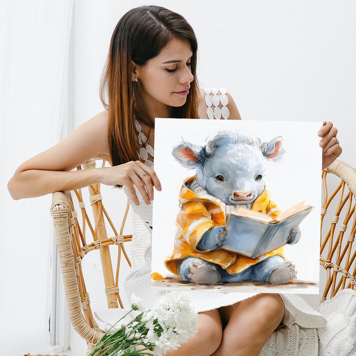 Cute Baby Calf In Yellow Jacket Reading Book Nursery Art Poster - Image 3
