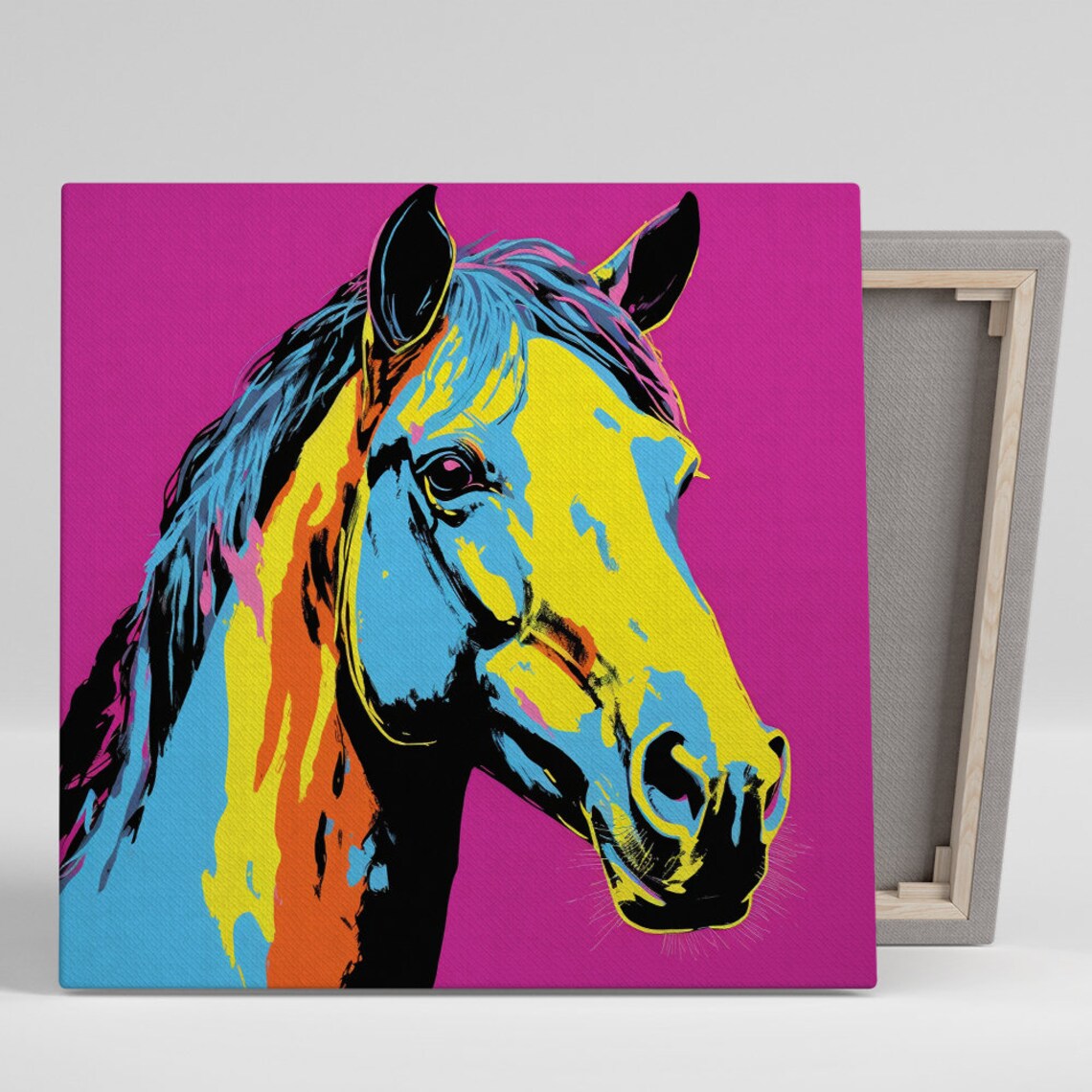 Neon Pop Art Horse Head Yellow Blue on Magenta Bold Animal Wall Art
