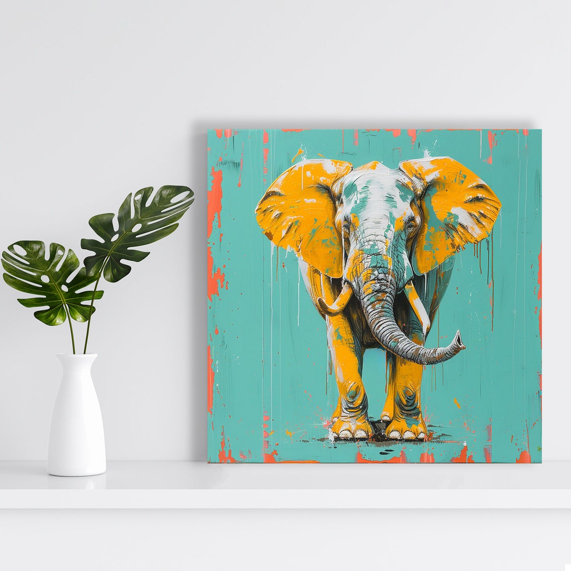 African Elephant Splash Poster Golden Teal Contemporary Wildlife Decor - Image 2