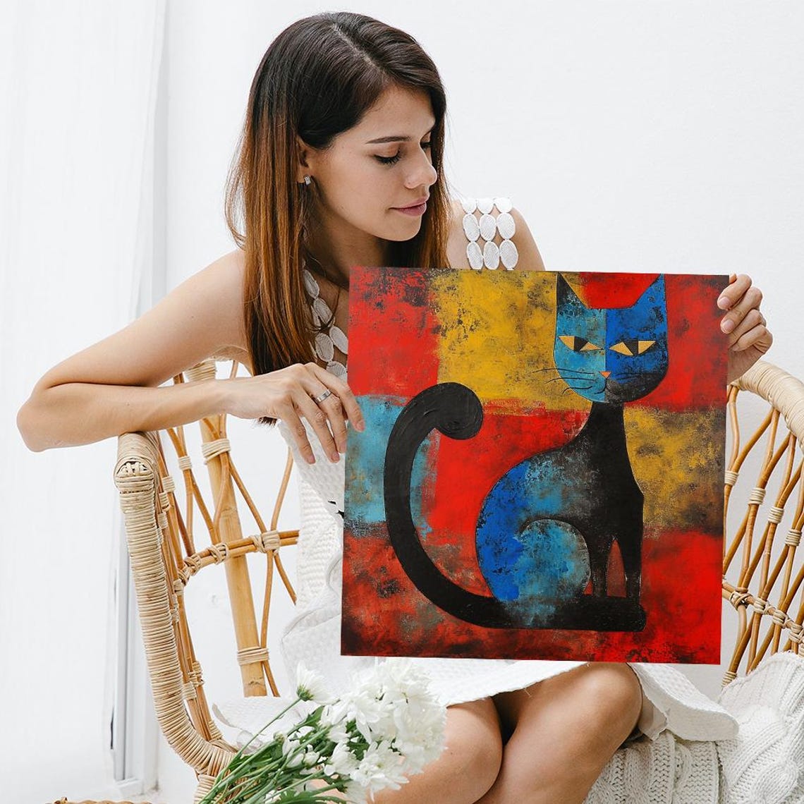 Abstract Cubist Cat in Bold Red Blue Modern Feline Portrait Poster - Image 3