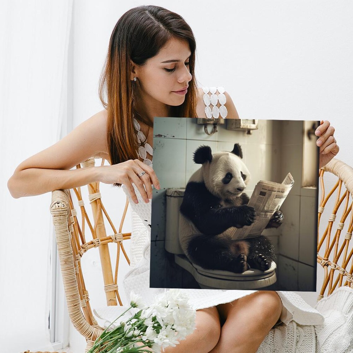 Panda Reading Newspaper On Toilet Funny Sepia Bathroom Humor Wall Poster - Image 3