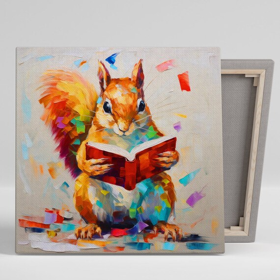 Reading Squirrel Book Colorful Abstract Art Whimsical Nursery Poster