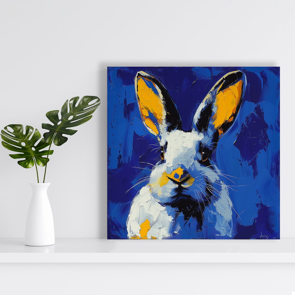 White Rabbit Impasto Oil Paint Portrait Bold Blue Yellow Art Poster - Image 2