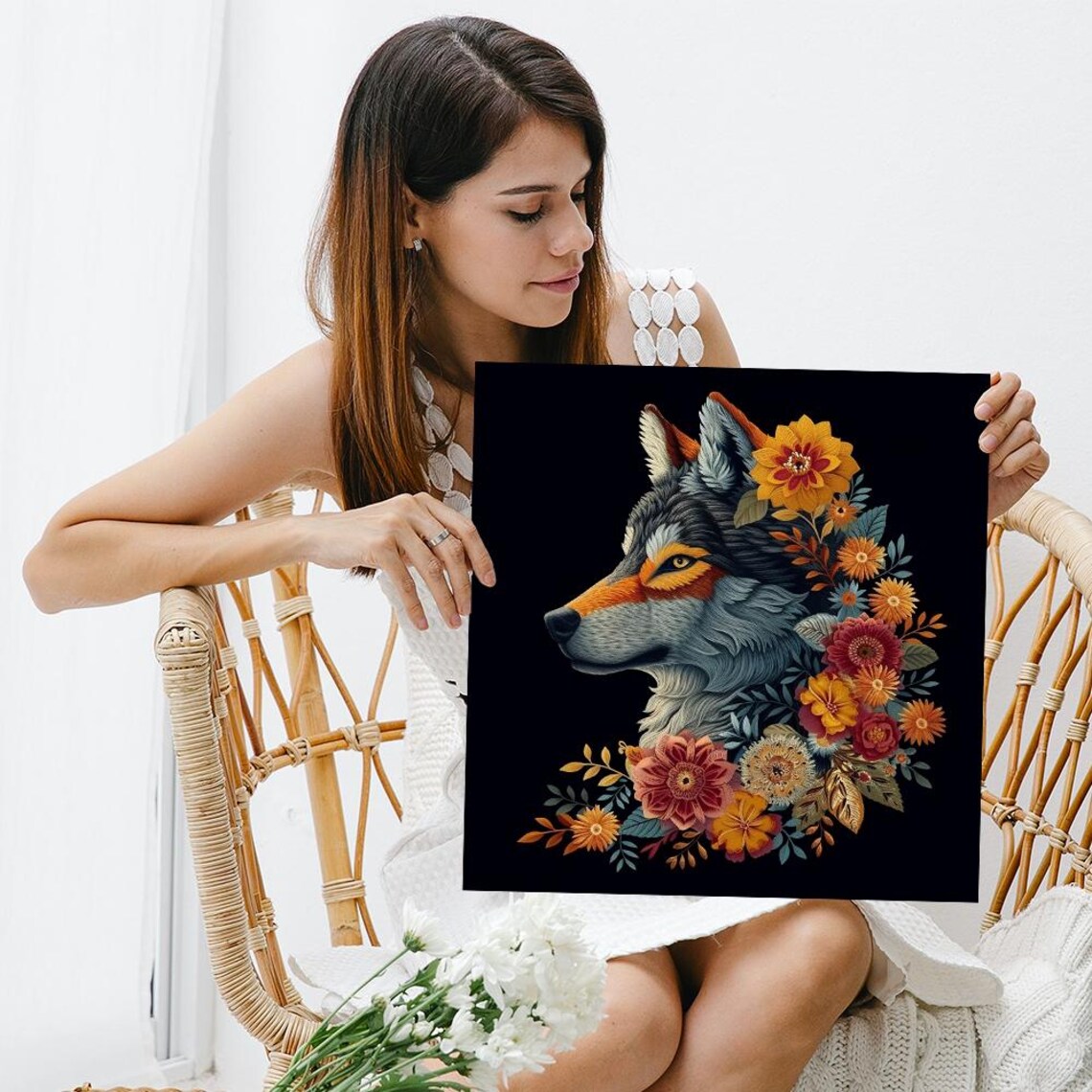 Floral Wolf Profile Autumn Flowers Black Background Botanical Art Poster - Image 3
