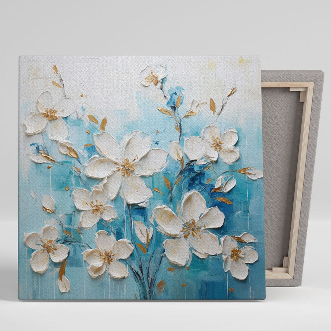 White Blossom Flowers Aqua Background Textured Impasto Floral Poster