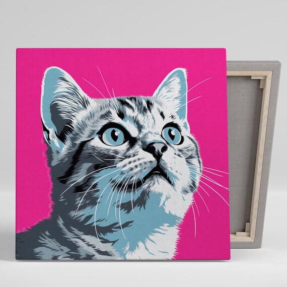 Pop Art Cat Portrait On Hot Pink Background Bold Feline Wall Poster
