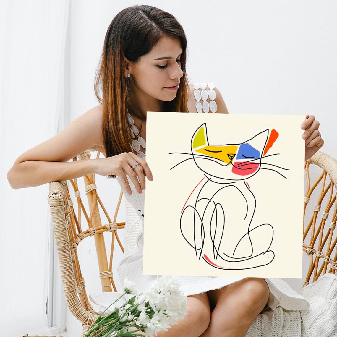 Minimalist Cat Line Drawing Colorful Abstract Modern Scandinavian Wall Art Print - Image 3