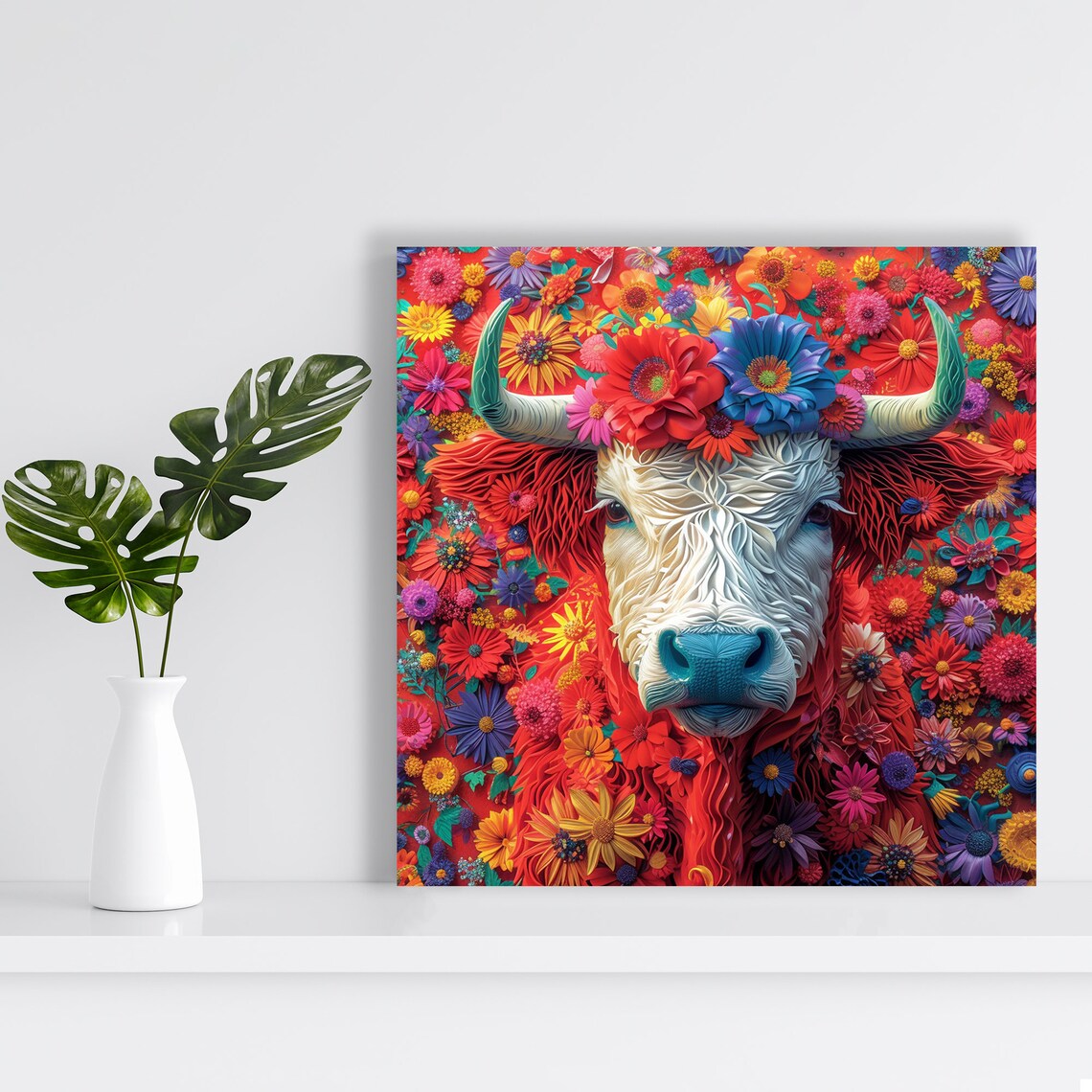 Highland Cow Red Hair Among Colorful Wildflowers Bohemian Wall Poster - Image 2