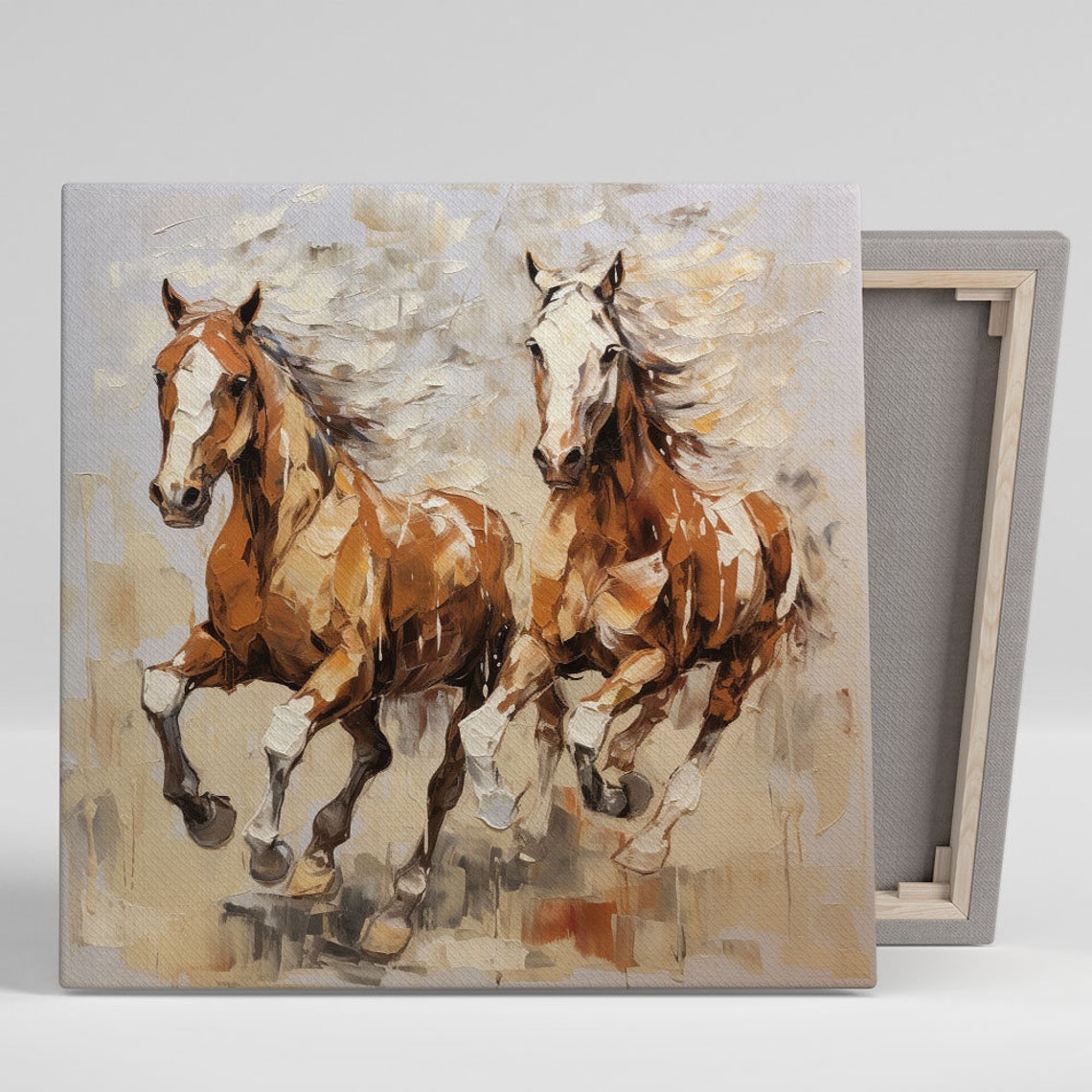 Two Galloping Chestnut Horses Dynamic Equestrian Oil Style Wall Poster