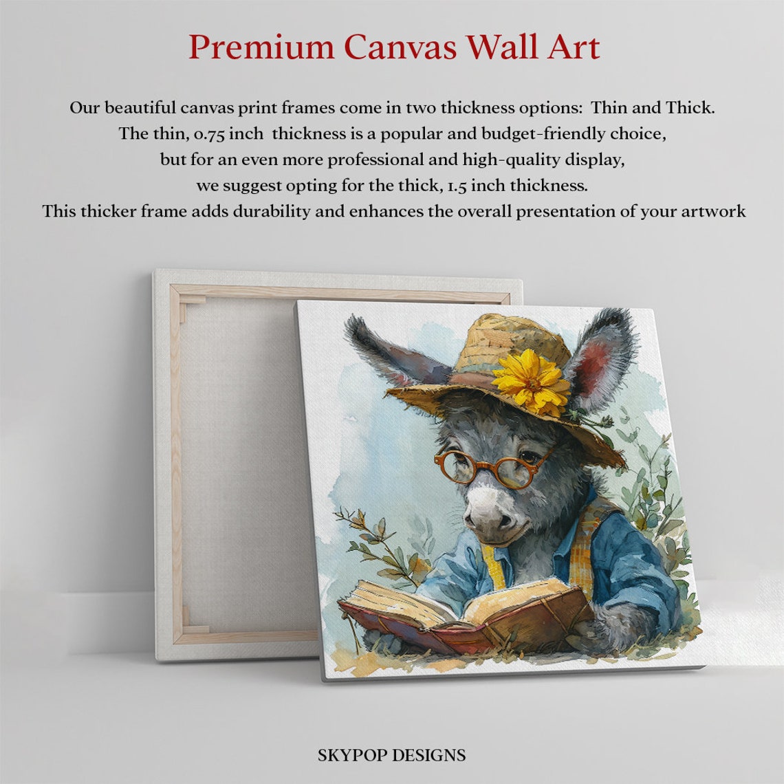 Scholarly Donkey Poster Straw Hat Glasses Reading Book Whimsical Decor - Image 3