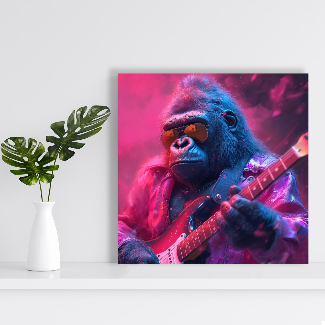 Gorilla Rockstar Playing Electric Guitar Neon Pink Sunglasses Music Poster - Image 2