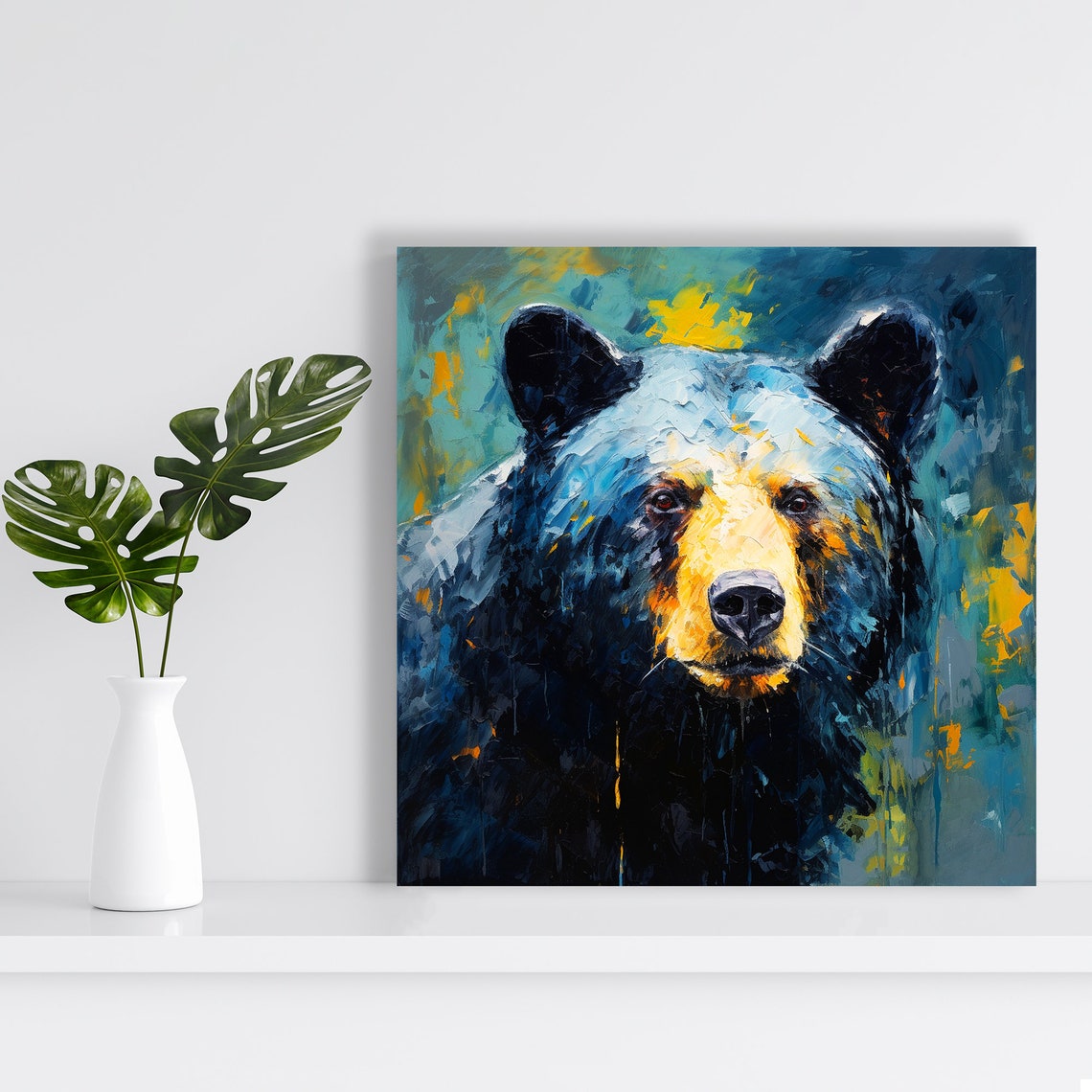 Bear Portrait Deep Blue Gold Impasto Rustic Cabin Wildlife Wall Art - Image 2