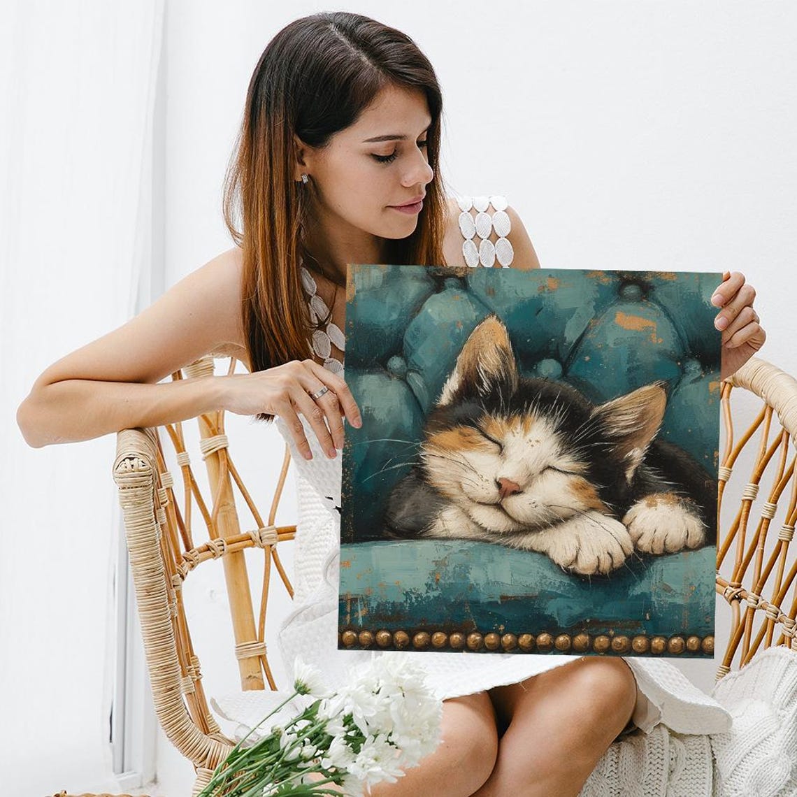 Sleeping Calico Kitten On Teal Armchair Cozy Whimsical Cat Poster - Image 3