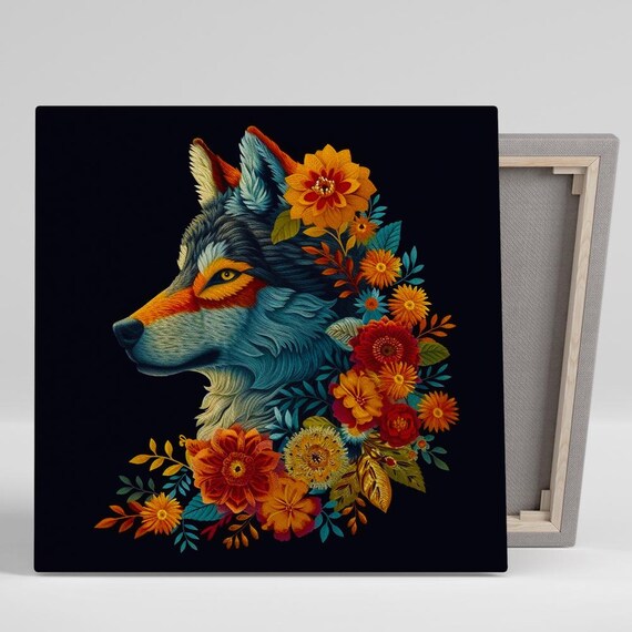 Wolf Head With Flowers On Black Background Floral Animal Wall Art Poster