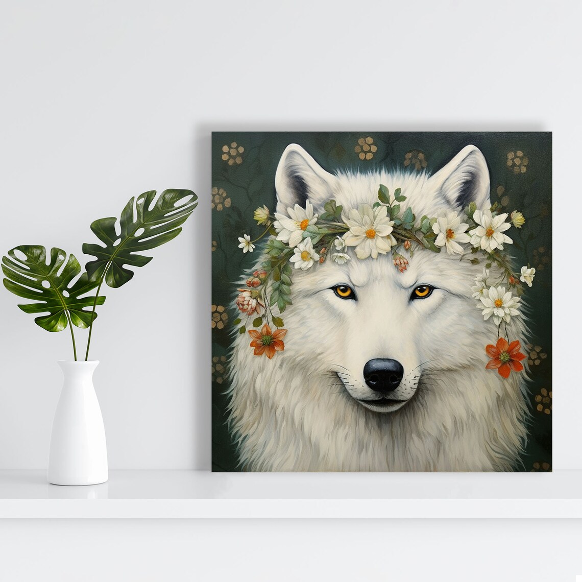 White Wolf Wearing Flower Crown Daisies Dark Green Botanical Art Poster - Image 2