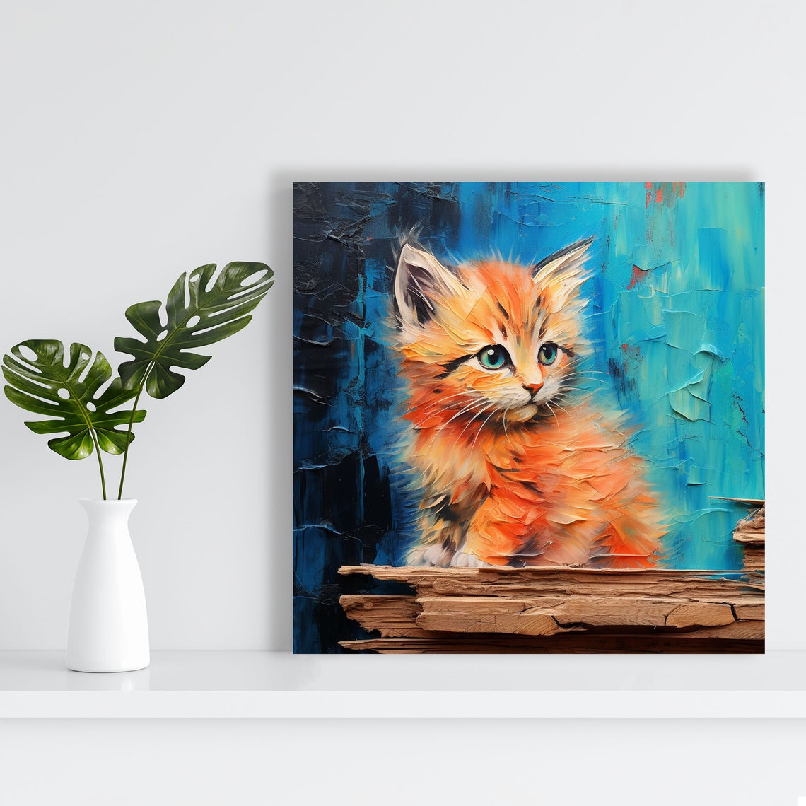 Orange Kitten Impasto Painting Teal Background Cute Cat Wall Poster - Image 2