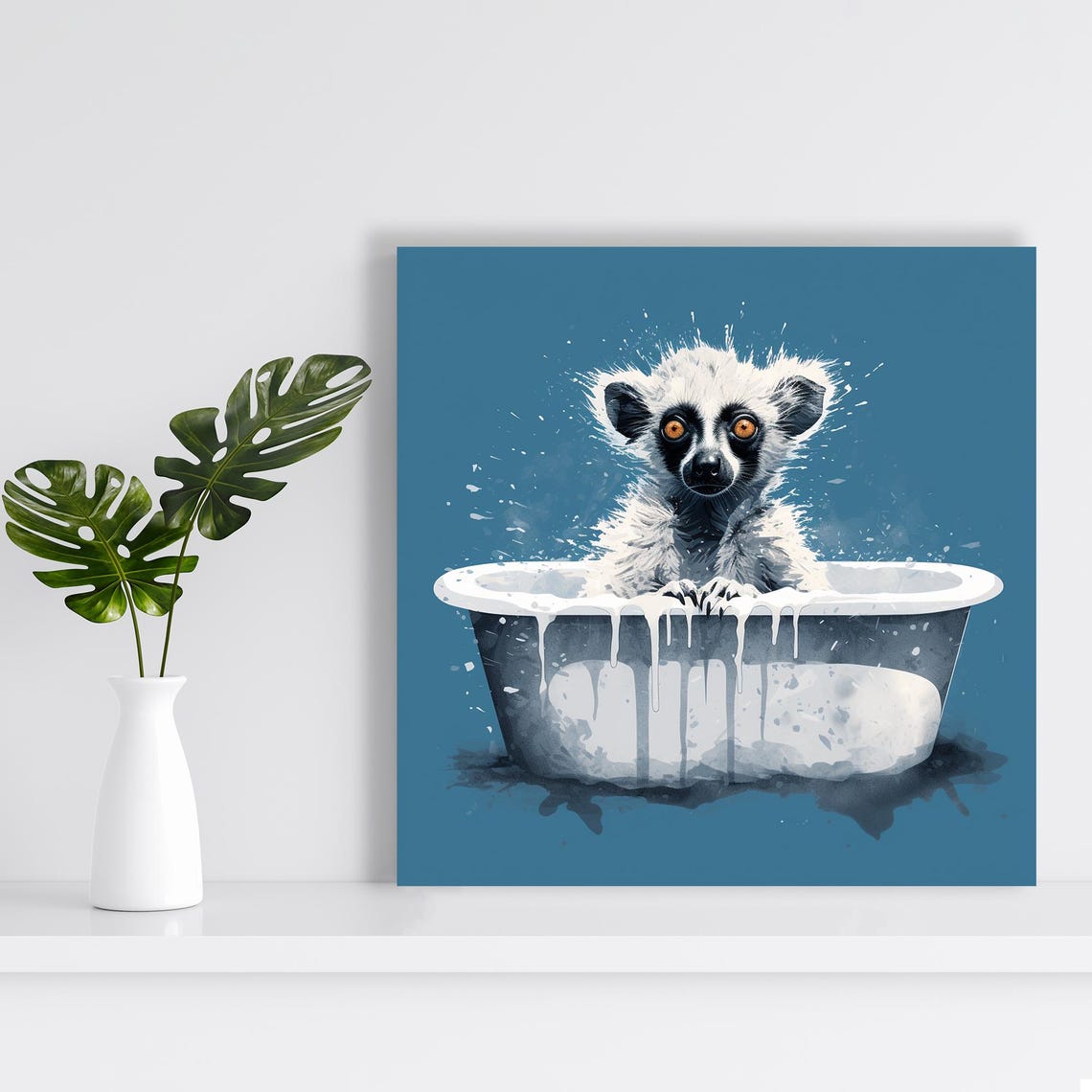 Lemur Bath Time Splash Cute Whimsical Blue White Animal Poster - Image 2