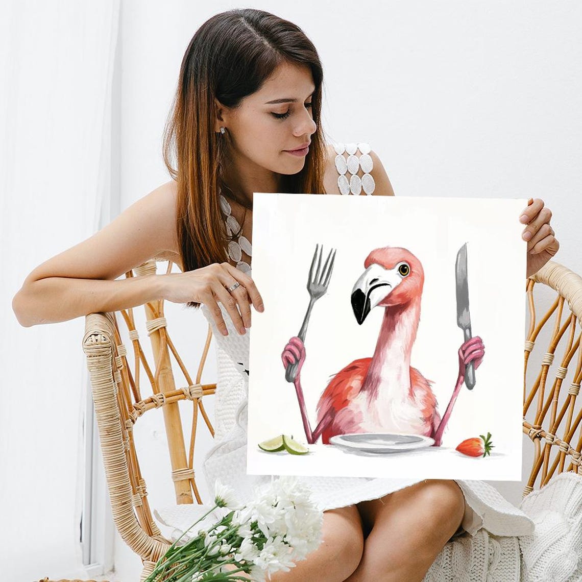 Flamingo Dinner Time Fork Knife Funny Hungry Bird Kitchen Art Poster - Image 3