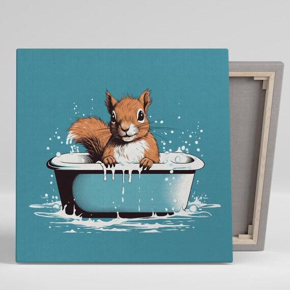 Cute Squirrel Splashing In Bubble Bath Teal Bathroom Wall Poster