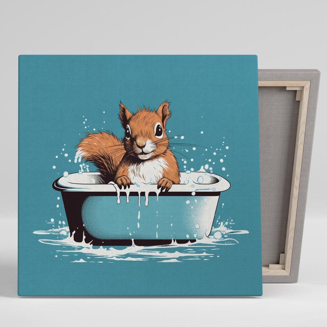 Cute Squirrel Splashing In Bubble Bath Teal Bathroom Wall Poster