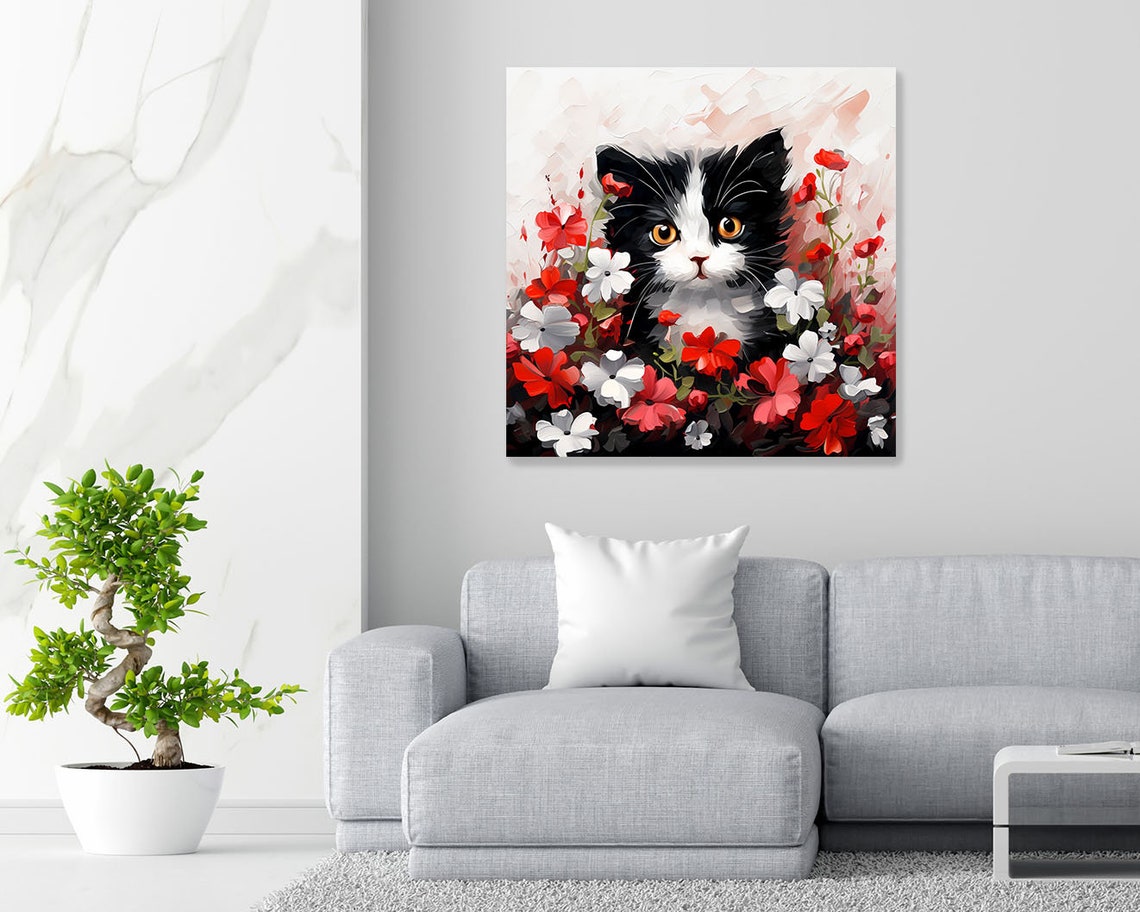 Black And White Kitten Among Red Flowers Cute Floral Cat Canvas Poster - Image 4
